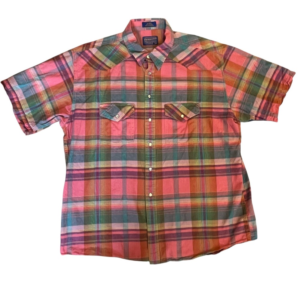 Vintage‎ Pendleton Mens XL Western Pearl Snap Shirt Pink Plaid Short Sleeve